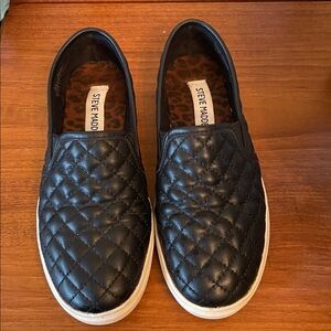 Steve Madden Black Quilted Slip-On Sneakers with Leopard Insole
